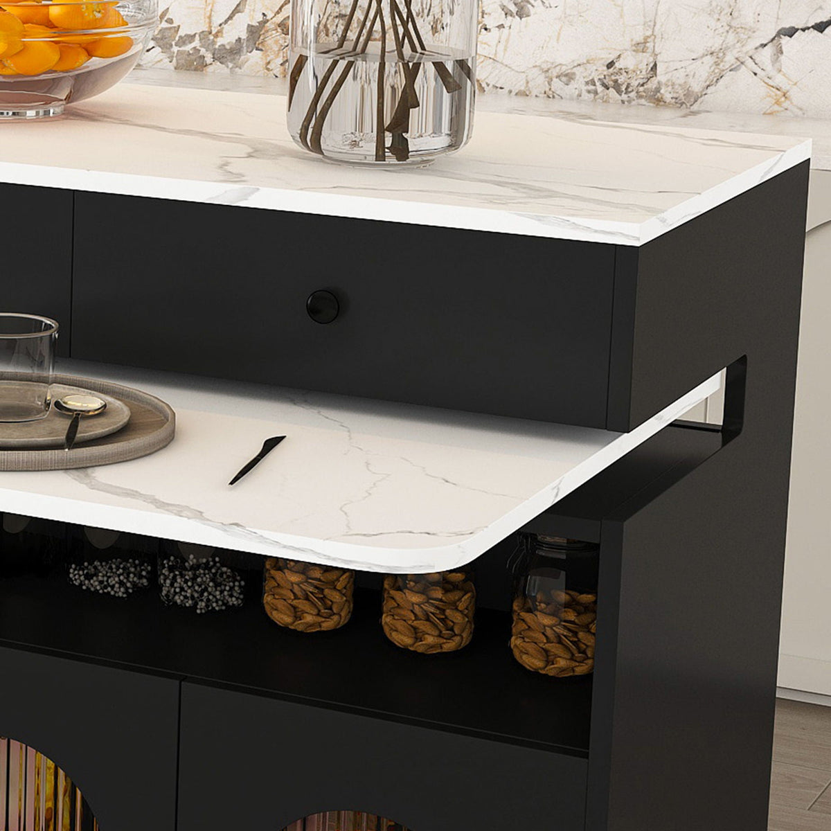 Kitchen Island With Extendable Rotating Table and Glass Door Cabinets