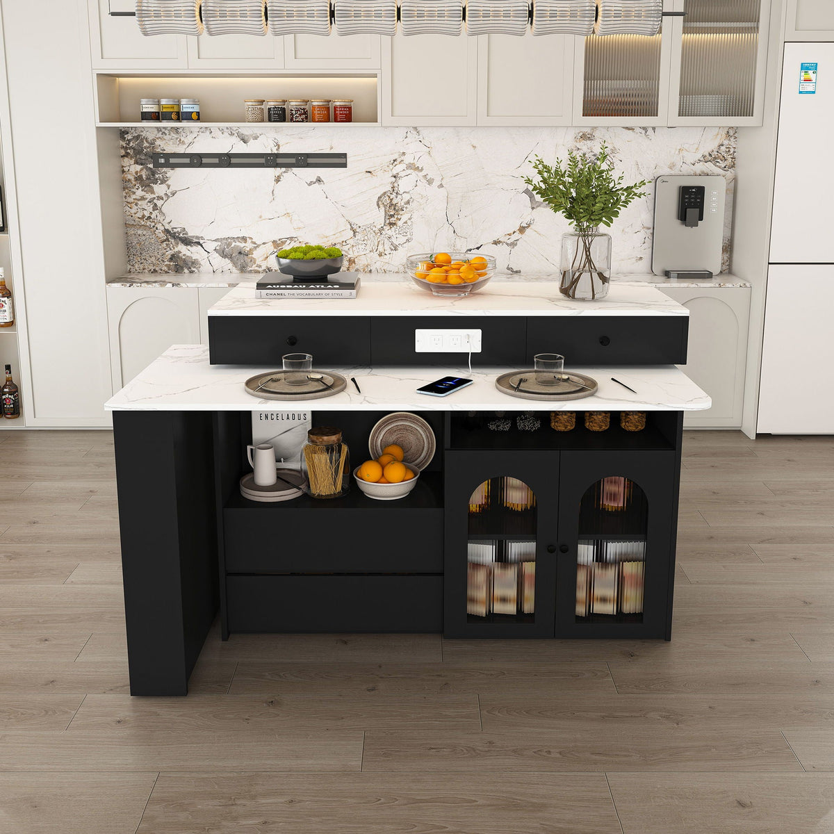 Kitchen Island With Extendable Rotating Table and Glass Door Cabinets