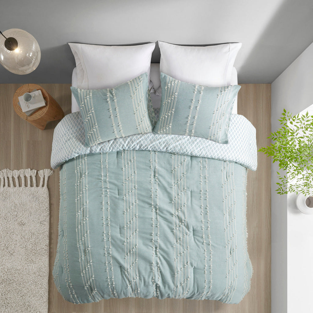 Aqua 3 Piece Cotton Jacquard Comforter Set-Full/Queen
