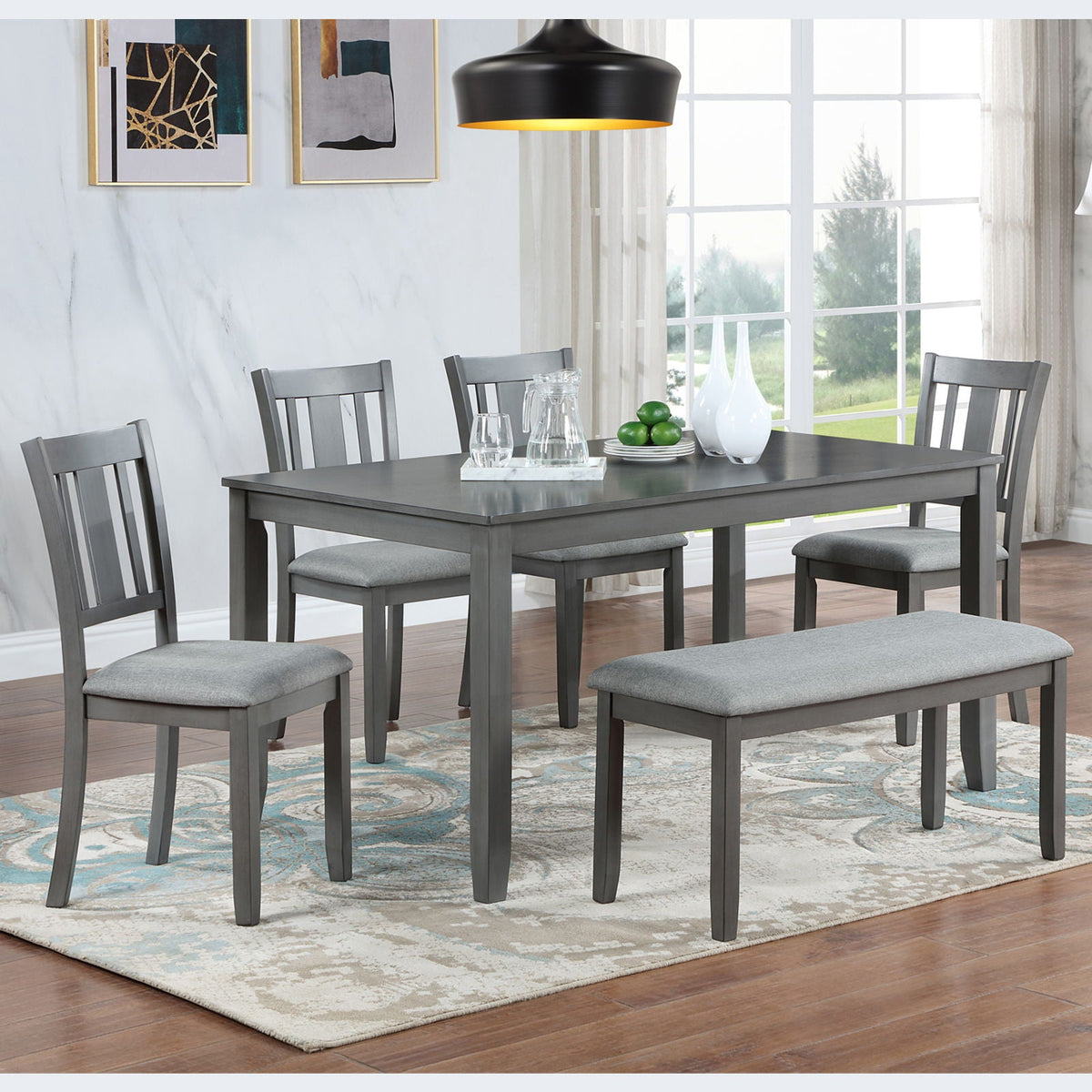 6 Piece Wood Dining Table with 4 Upholstered Chairs And A Bench