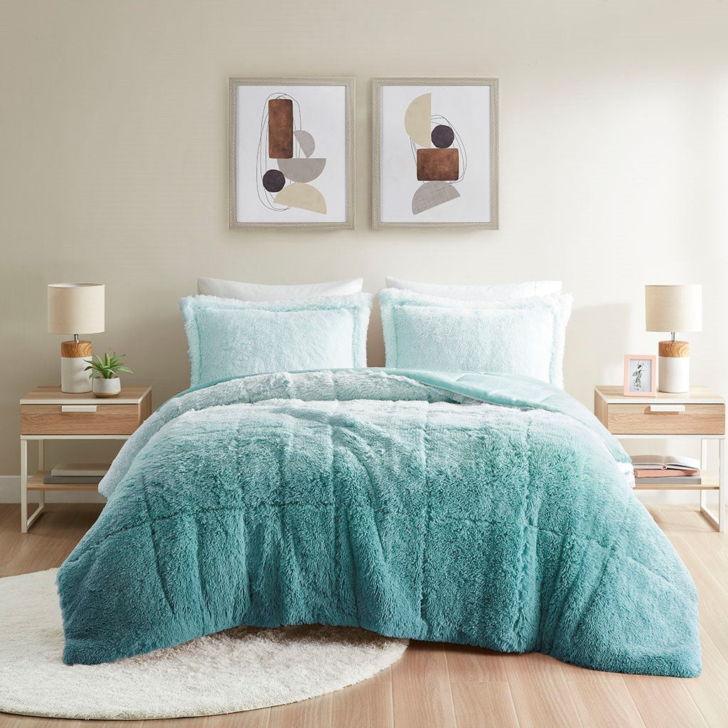 Ombre Shaggy Long Fur Comforter Mini Set-Full/Queen