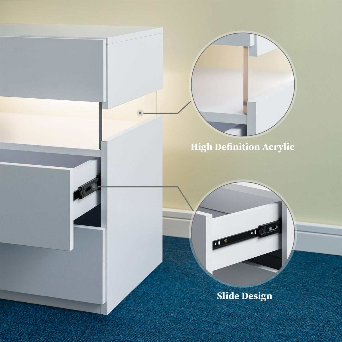 LED Luminous Nightstand-3 Drawers with Integrated LED Board