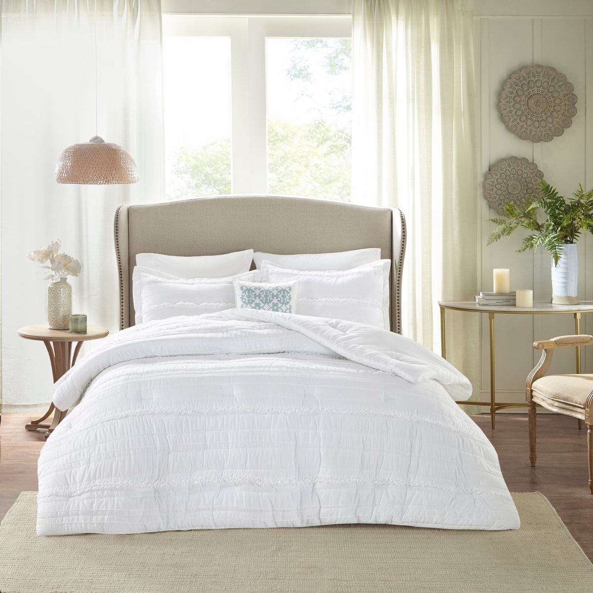White 5 Piece Microfiber Ruffled Comforter Set - California King