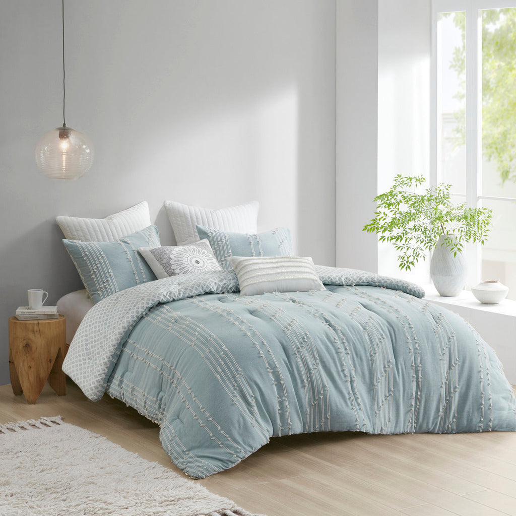 Aqua 3 Piece Cotton Jacquard Comforter Set-Full/Queen