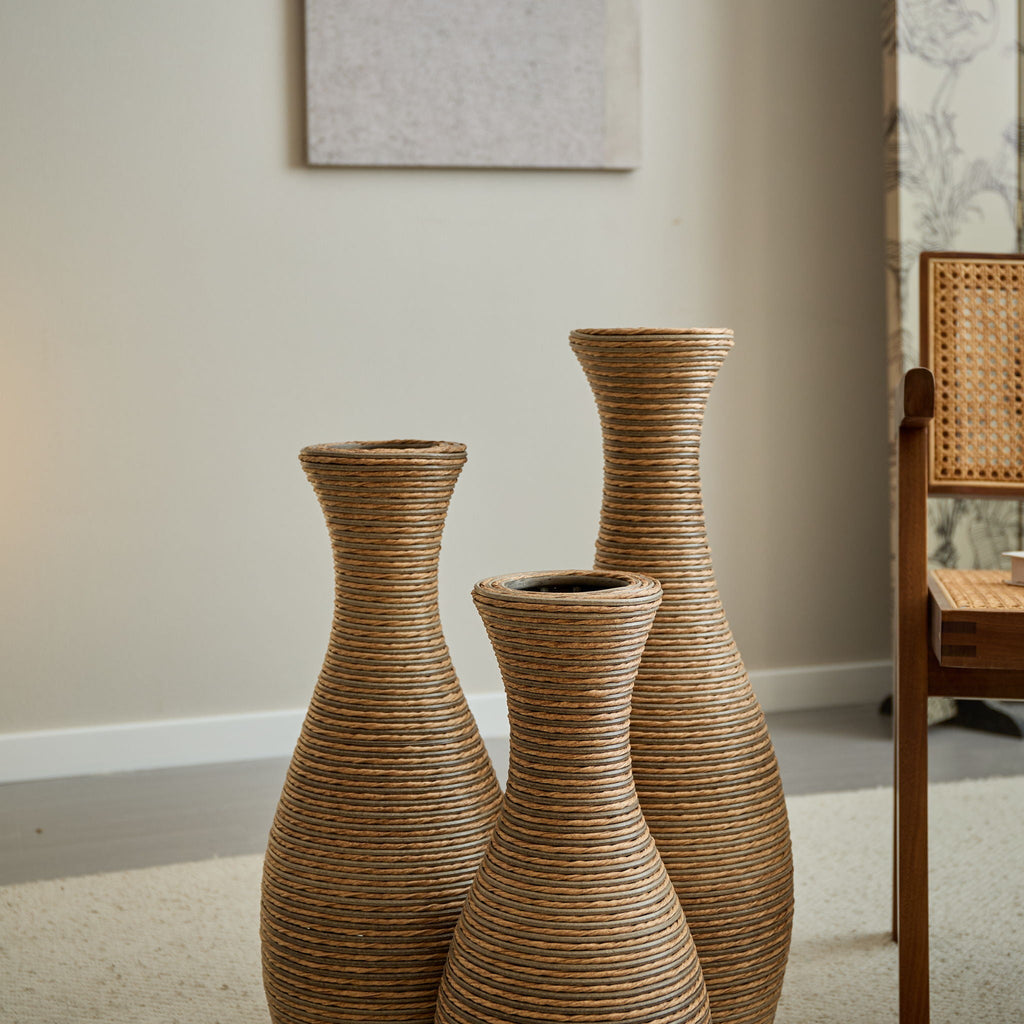 Beige 3 Piece Decorative Floor Vase Set-Ideal For Dried Or Silk Flower Arrangements