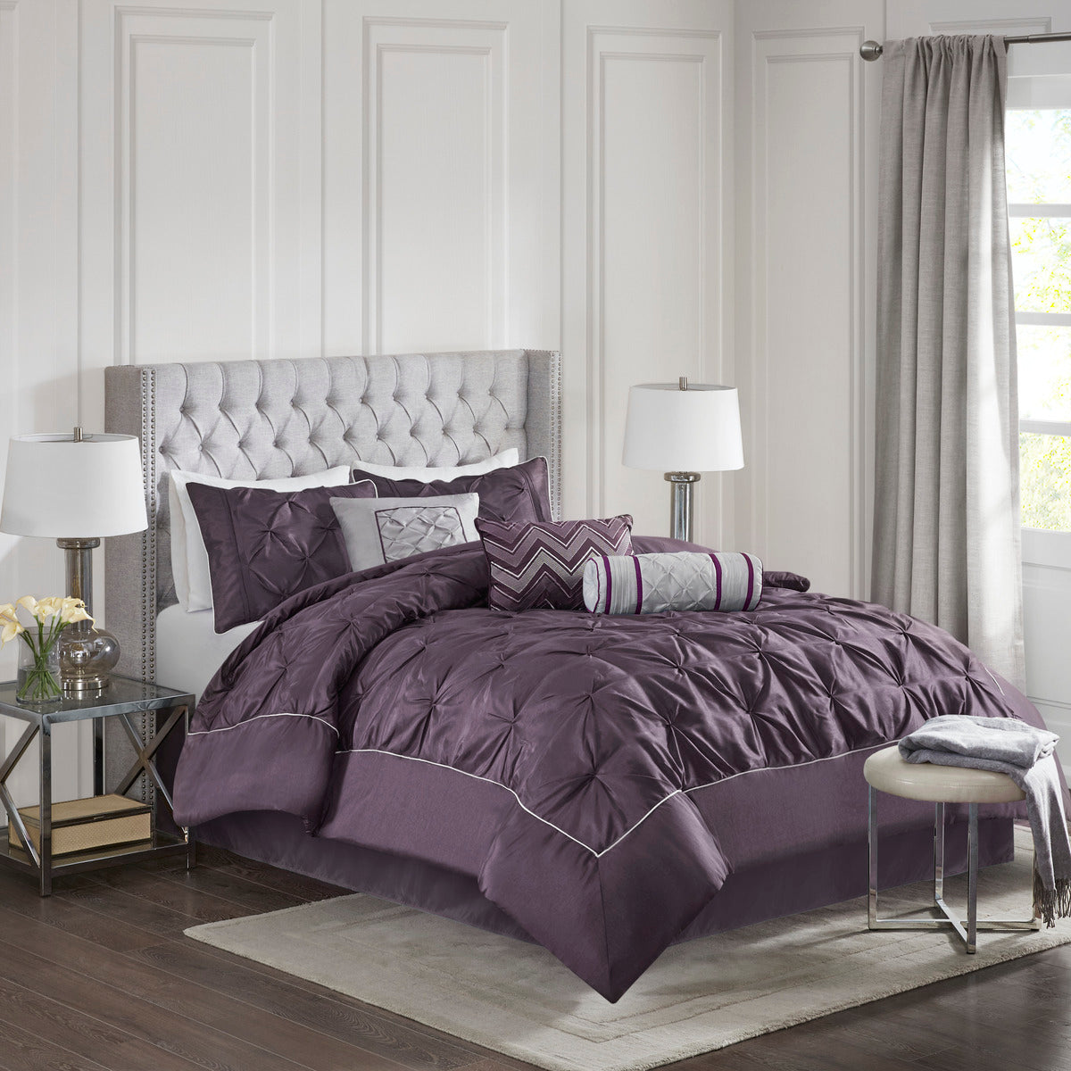 Deep Plum 7 Piece Tufted Comforter Set with Elegant Detailing