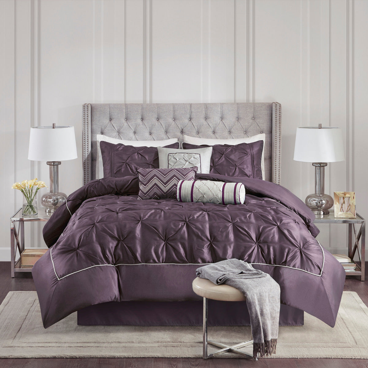 Deep Plum 7 Piece Tufted Comforter Set with Elegant Detailing