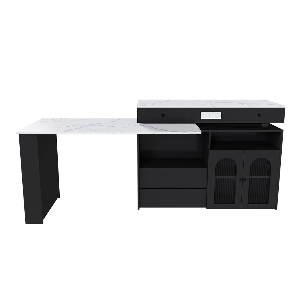 Kitchen Island With Extendable Rotating Table and Glass Door Cabinets