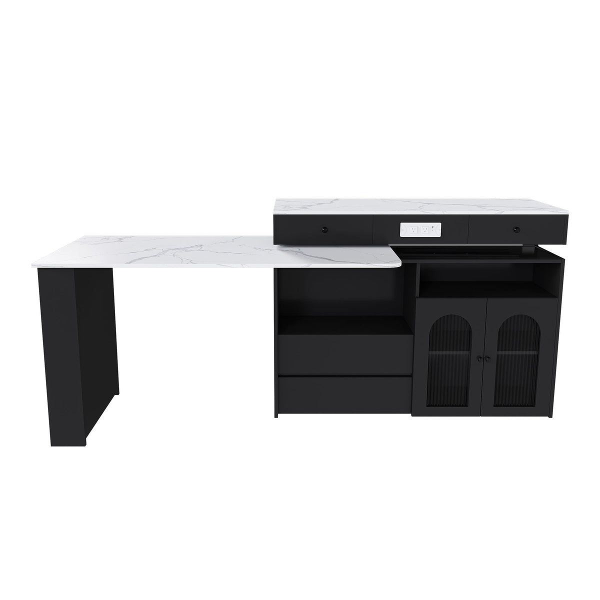 Kitchen Island With Extendable Rotating Table and Glass Door Cabinets