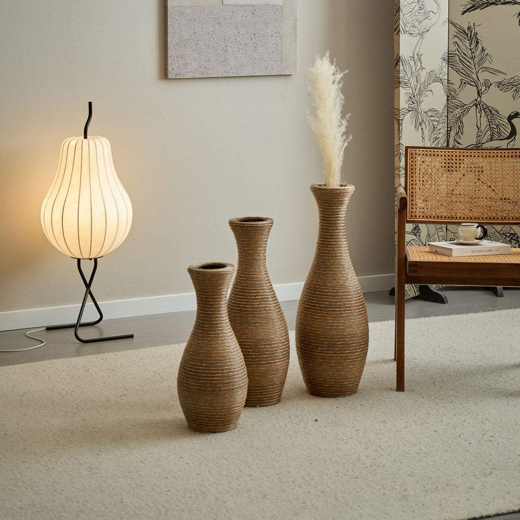 Beige 3 Piece Decorative Floor Vase Set-Ideal For Dried Or Silk Flower Arrangements
