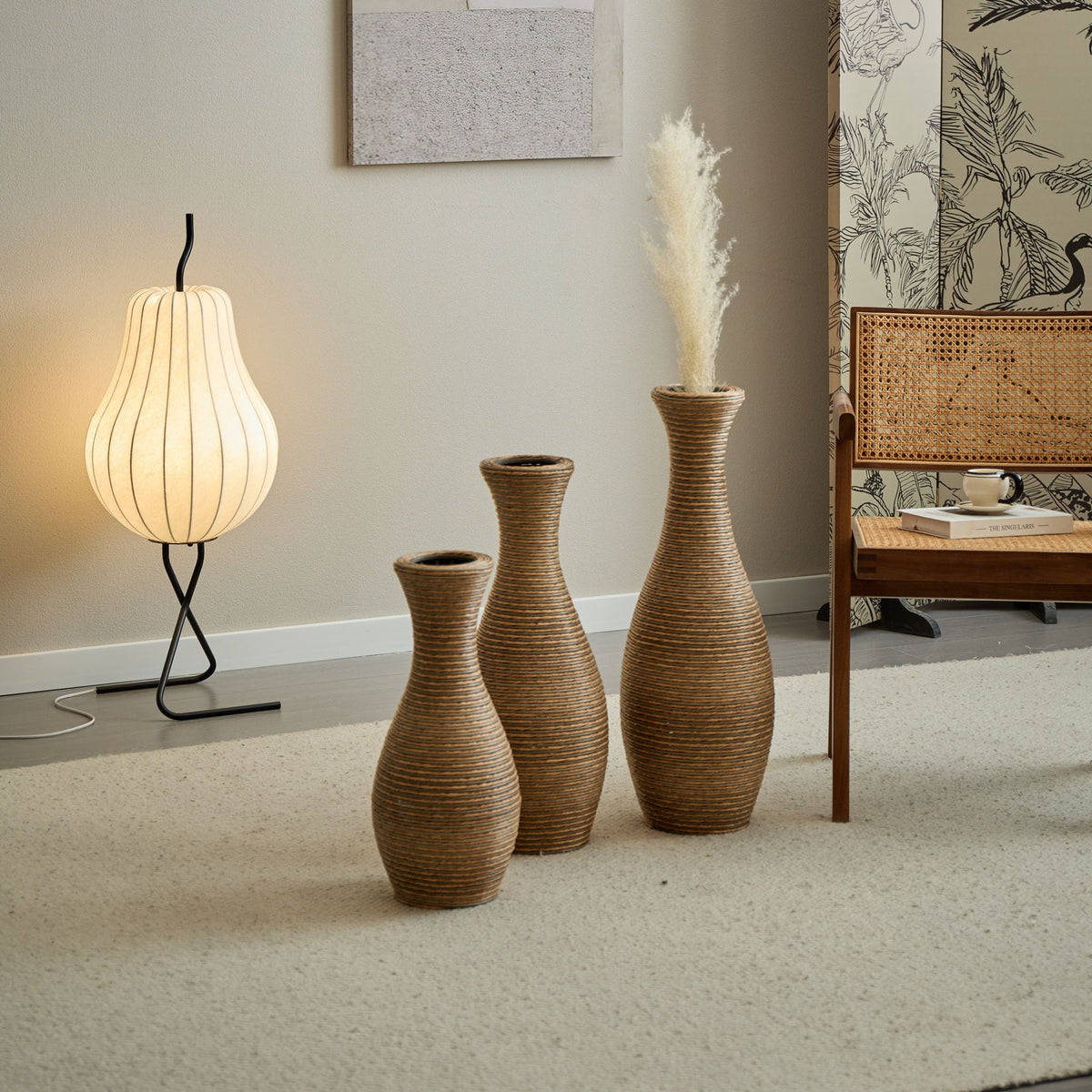 Beige 3 Piece Decorative Floor Vase Set-Ideal For Dried Or Silk Flower Arrangements