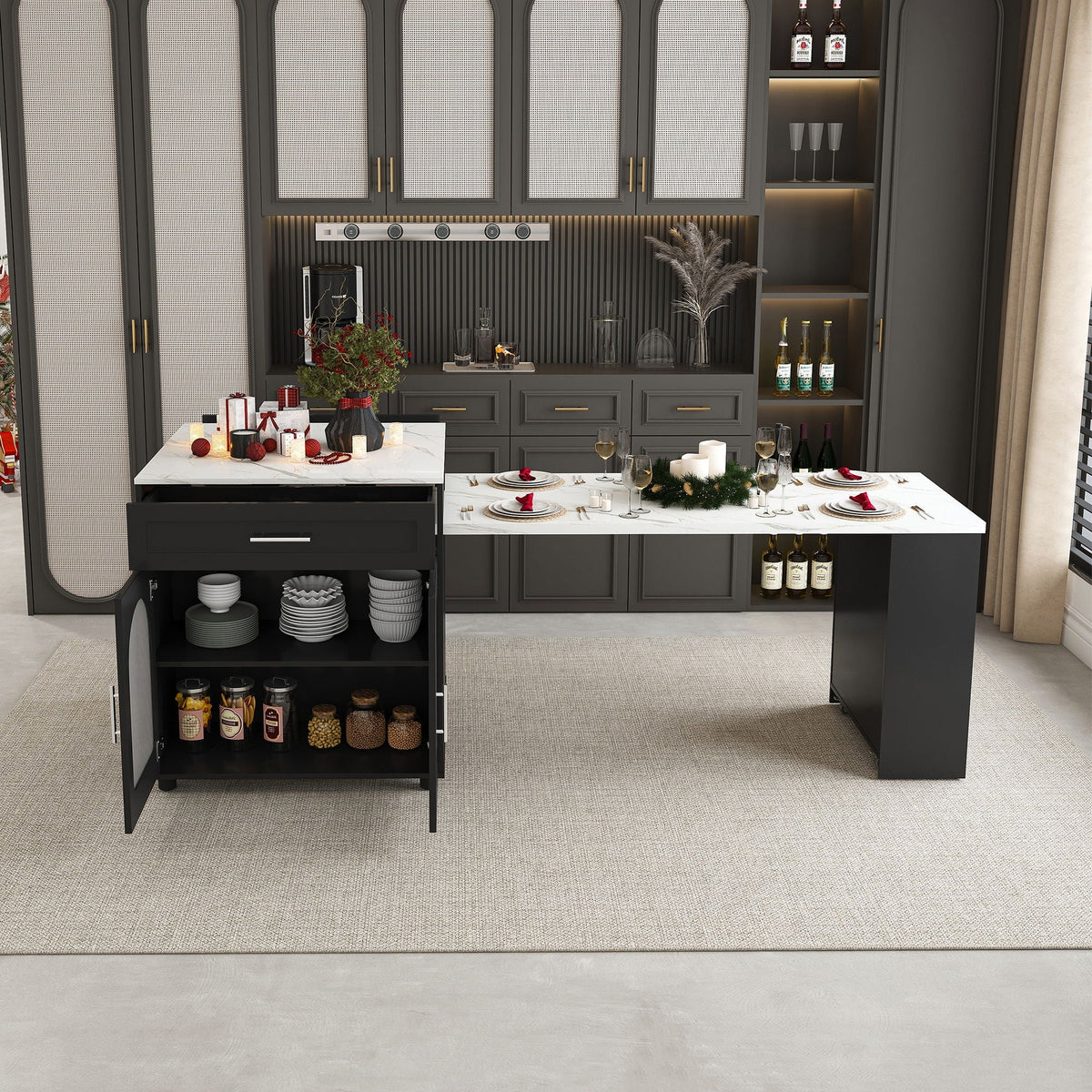 Expandable Kitchen Island with Power Outlets and USB Ports