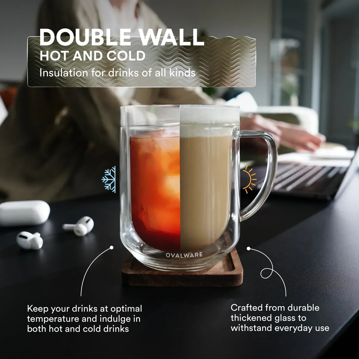 Double-Wall Glass Mugs – 17 oz, Set of 2